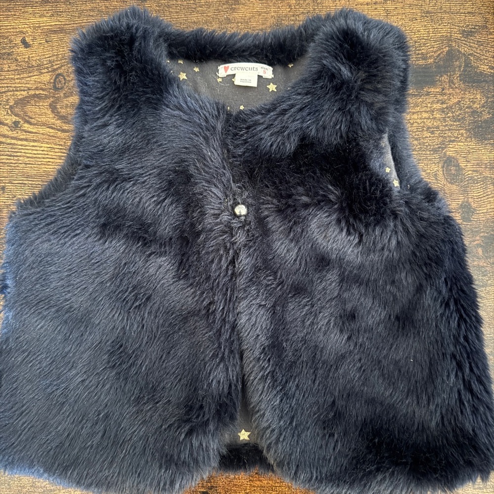 Crewcuts Black Faux Fur Vest with button closure and Gold Stars lining